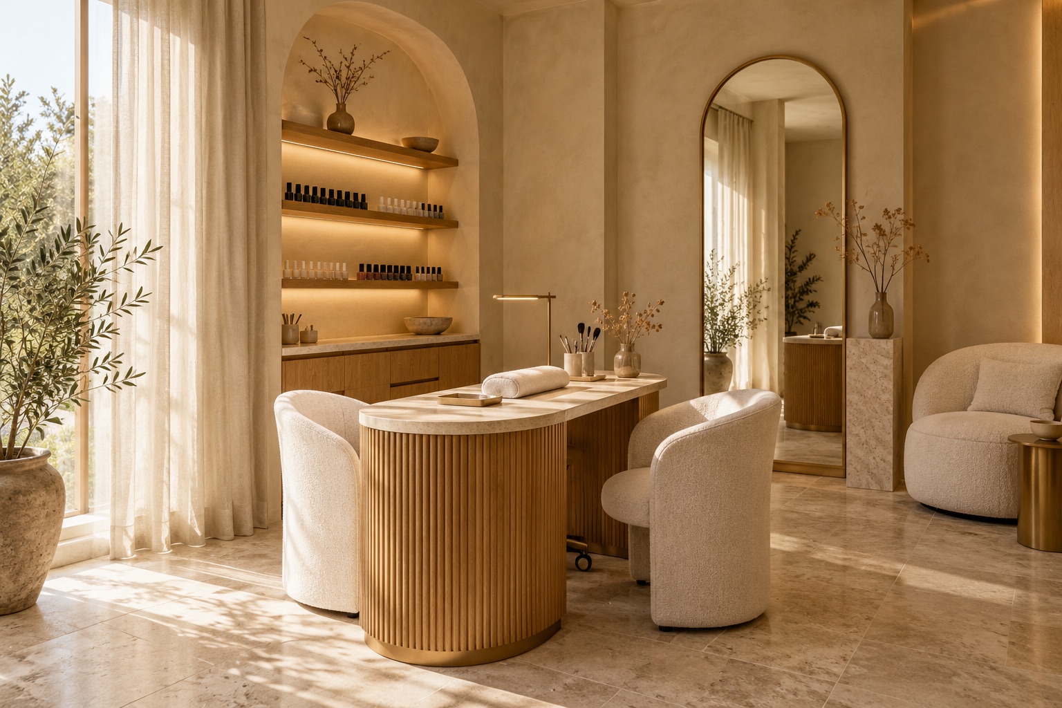Conceito visual de um studio de beleza em marfim, madeira e dourado, criado com IA